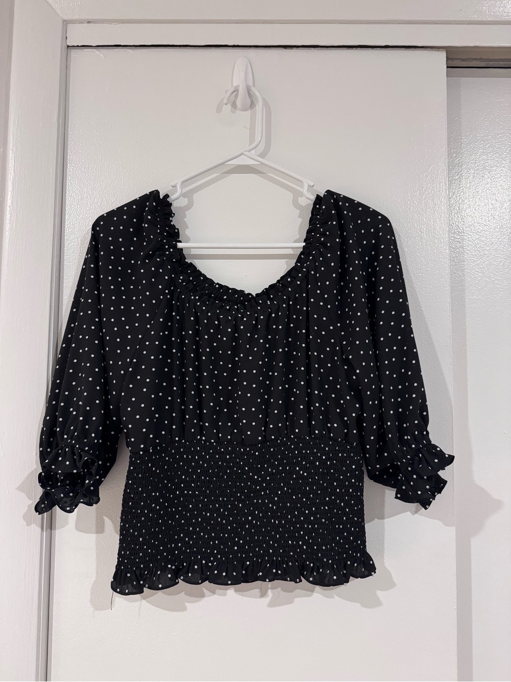 1. State Black and White Polka Dot Smocked Peasant Blouse